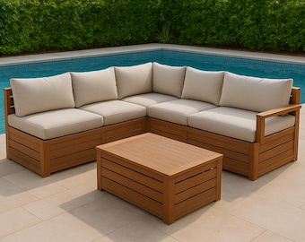 Luxury Outdoor L-Shaped Poolside Sofa – Wooden Patio Lounge Set with Cushions