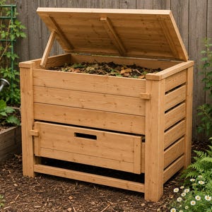 May include: A rectangular wooden compost bin featuring horizontal slats, a hinged lid held open by a support arm, and a removable front access panel. The interior is filled with organic matter, including soil, leaves, and plant debris.