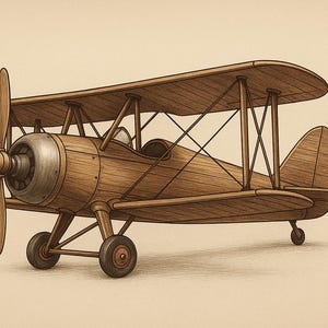 Puede incluir: Ilustración detallada de un juguete de avión biplano de madera. El avión de juguete presenta una hélice, una carcasa de motor plateada y un cuerpo de madera marrón. El biplano tiene dos alas, una cola y pequeñas ruedas. El fondo es de color beige liso.