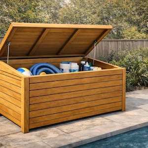Puede incluir: Un cofre de almacenamiento de madera para exteriores con la tapa abierta, que revela suministros para la piscina. El cofre está hecho de tablones de madera horizontales y está lleno de artículos como una pelota de playa, fideos de piscina y productos de limpieza.