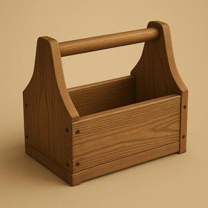 Puede incluir: Un portaherramientas de madera con asa. El portaherramientas es de madera marrón claro y tiene forma rectangular con un asa en la parte superior. Los lados están en ángulo y el portaherramientas está ensamblado con pequeños sujetadores metálicos.