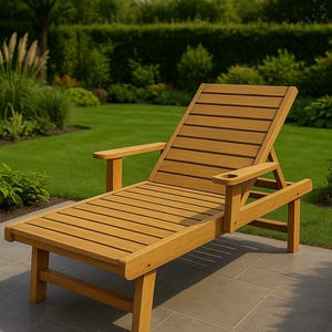 May include: A wooden outdoor chaise lounge with a slatted design. The chair has armrests and a cup holder. The backrest is adjustable. The chair is made of light brown wood and is set on a patio with a green lawn in the background.