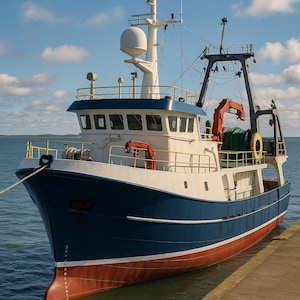 May include: A blue and white fishing boat docked at a pier on a sunny day. The boat has a red hull, a white superstructure, and a radar dome. A crane and fishing equipment are visible on the deck.