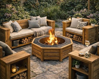 Modular Fire Pit Seating Plans – DIY Outdoor Wooden Patio Chairs & Side Tables Blueprint PDF