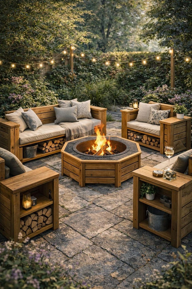 K&ouml;nnte beinhalten: Gartenlounge mit einem Holzfeuerstelle und passenden M&ouml;beln. Die Feuerstelle hat einen Metalleinsatz und ist von Holzb&auml;nken und St&uuml;hlen mit Kissen und Polstern umgeben. Lichterketten &uuml;ber Kopf schaffen eine gem&uuml;tliche Atmosph&auml;re.