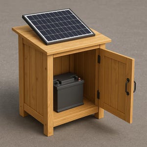 May include: A wooden solar power storage cabinet with a black solar panel on top. The cabinet has an open door revealing a black battery inside. The cabinet is made of light brown wood.