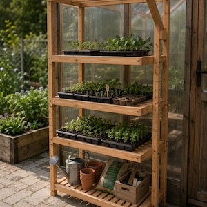 May include: A tall, light-coloured wooden shelving unit with four slatted tiers. The shelves hold multiple black plastic seedling trays filled with green plants. The bottom shelf contains a metal watering can, terracotta pots, a bag, and a wooden crate.