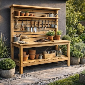 May include: A wooden potting bench with a slatted back and shelves, filled with gardening tools, pots, and plants. The bench has a lower shelf for storage and is set outdoors on a stone patio. The scene is surrounded by greenery.