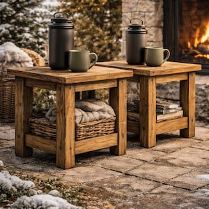 May include: Two rustic wooden side tables with a natural finish. Each table has a lower shelf, one with a wicker basket and the other with books. Dark metal thermoses and green mugs sit on top, with a fireplace in the background.