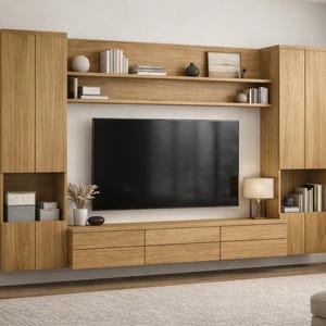 May include: A modern, light wood entertainment center with a large flat-screen TV. The unit features cabinets, shelves, and drawers for storage, along with decorative items. A small lamp and a potted plant add to the room's decor.