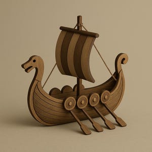 Op de afbeelding: Een houten model van een Vikingschip in bruine tinten. Het model heeft een gestreept zeil, roeispanen en een drakenvormige boeg. Het schip is een decoratief item.