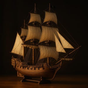 May include: A detailed wooden model of a sailing ship with multiple masts and sails. The ship has a brown hull and tan sails, with intricate rigging and a black flag. The model is displayed on a wooden surface against a dark background.
