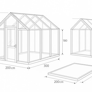 May include: Line drawing of a greenhouse with dimensions. The greenhouse is 180 cm high, 300 cm long, and 200 cm wide. The roof angle is 30 degrees. A smaller greenhouse and a base are also shown.