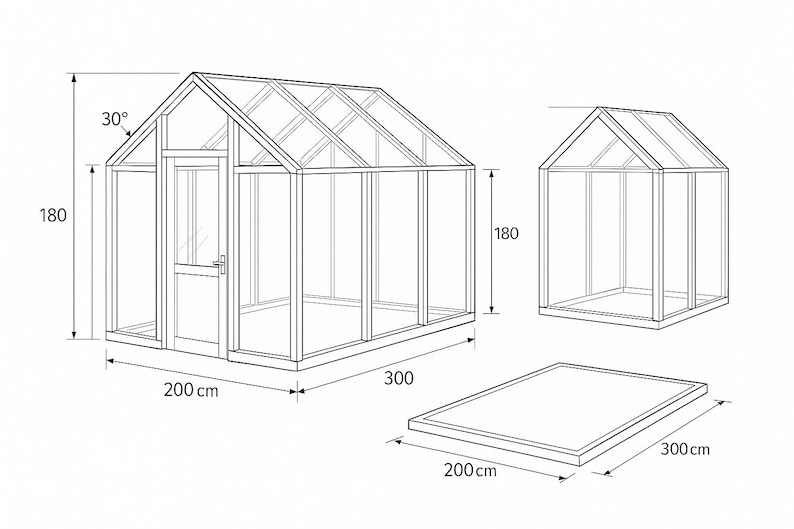 May include: Line drawing of a greenhouse with dimensions. The greenhouse is 180 cm high, 300 cm long, and 200 cm wide. The roof angle is 30 degrees. A smaller greenhouse and a base are also shown.