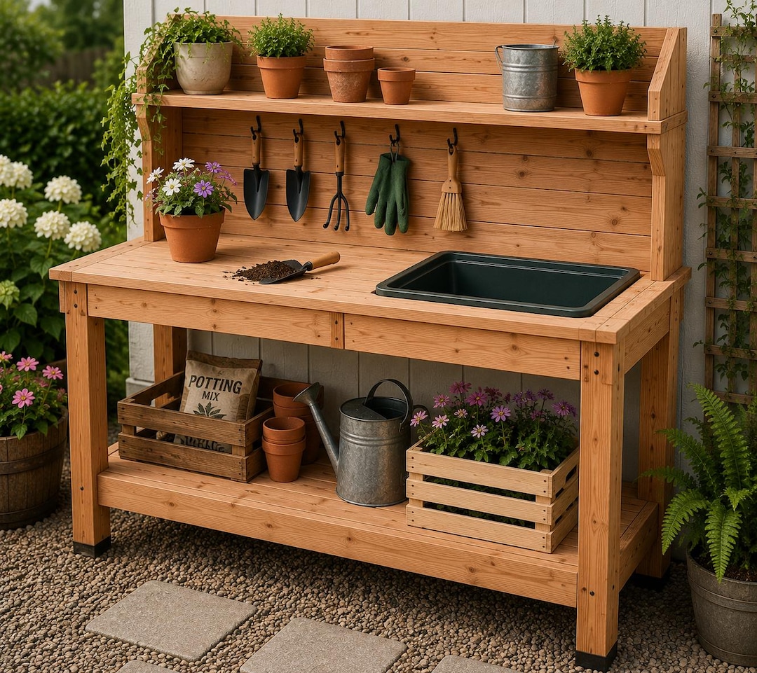Wooden Potting Bench Plans | DIY Garden Workstation With Sink (PDF ...