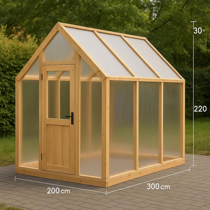 May include: A wooden greenhouse with a gabled roof and clear, corrugated plastic panels. The structure includes a door and measures 300 cm long, 200 cm wide, and 220 cm high. The roof angle is 30 degrees.