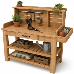 May include: A wooden potting bench with a natural finish. It has a top shelf with hanging tools, a drawer, and lower shelves for storage. The bench includes a potting soil bag, a watering can, and potted plants.