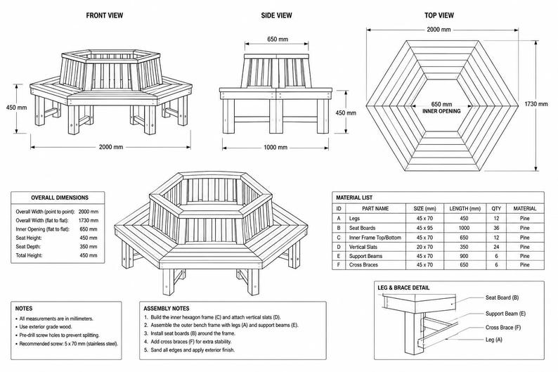 Modular Hexagon Garden Bench Plans | DIY Wooden Outdoor Seating ...