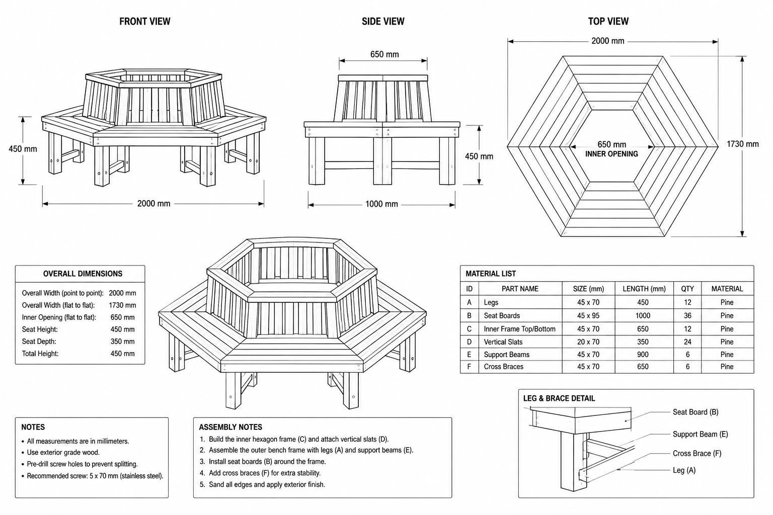 Modular Hexagon Garden Bench Plans | DIY Wooden Outdoor Seating ...