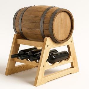 May include: A wooden wine barrel with metal bands sits atop a light-colored wooden wine rack. The rack holds several dark wine bottles. The barrel and rack are set against a white background.