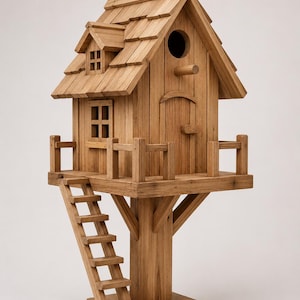 May include: A wooden birdhouse with a treehouse design. The birdhouse features a shingled roof, a small window, and a round entry hole. A small ladder leads up to a platform with a railing. The birdhouse is mounted on a wooden post.