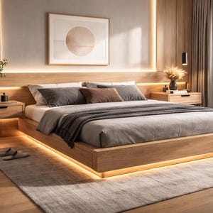 May include: A contemporary bedroom featuring a wooden bed with integrated lighting. The bed is dressed with grey bedding and pillows. A framed artwork hangs above the bed. The room includes wooden panelling, a rug, and a large window with a view of the city.