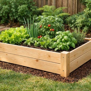 Peut inclure: Un bac de jardinage surélevé rectangulaire en bois, rempli de diverses plantes, dont de la laitue, du basilic et des tomates. Le bac est en bois clair et repose sur un lit de paillis, entouré d'herbe verte et d'autres plantes.