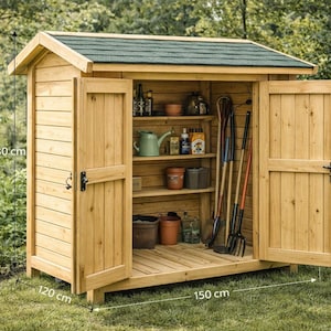 May include: A wooden garden shed with a green shingled roof and two open doors. The shed is 190 cm tall, 150 cm wide, and 120 cm deep. Inside are shelves with gardening tools and supplies.