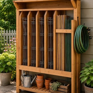 May include: A tall, light brown wooden garden storage rack featuring vertical dividers for wire plant supports and long stakes. The lower shelf holds a metal watering can, several terracotta pots, and a wooden crate with green gloves.