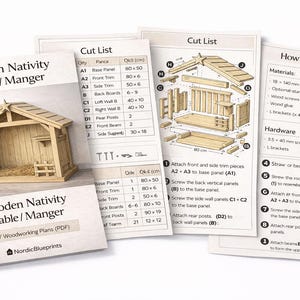 May include: DIY woodworking plans for a wooden Nativity stable or manger. The plans include a cut list, diagrams, and instructions. The finished product is a small, light-colored wooden structure with a pitched roof and a small bench.