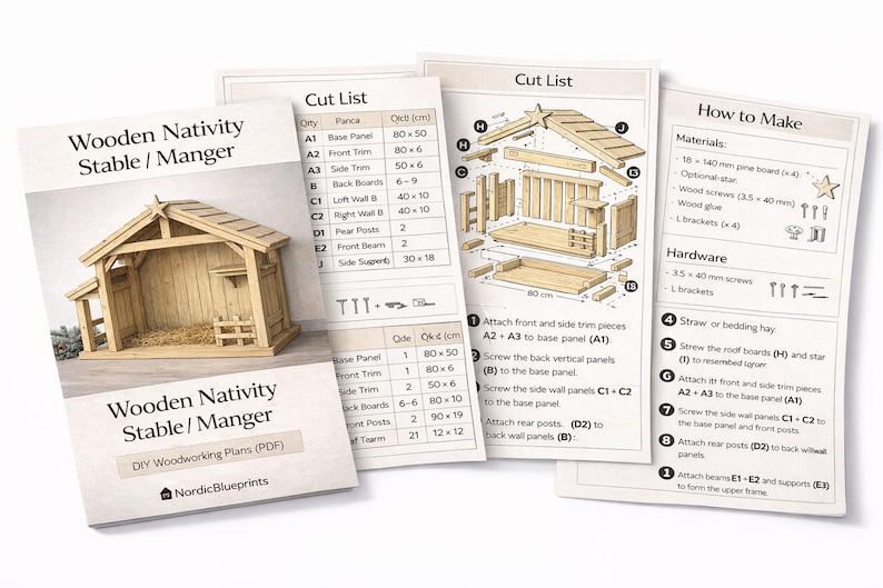 May include: DIY woodworking plans for a wooden Nativity stable or manger. The plans include a cut list, diagrams, and instructions. The finished product is a small, light-colored wooden structure with a pitched roof and a small bench.