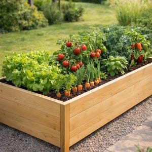 Può includere: Un'aiuola rialzata in legno piena di varie verdure. Sono visibili pomodori rossi maturi, lattuga verde, carote e altre piante. L'aiuola è posizionata su una base di ghiaia, con un prato verde e alberi sullo sfondo.