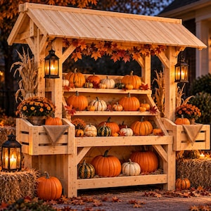 May include: A wooden display stand with a gabled roof, featuring multiple shelves filled with various orange and white pumpkins, gourds, and potted orange chrysanthemums. Two black lanterns with lit candles hang from the structure's frame.