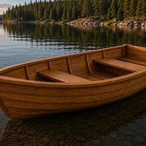 Könnte beinhalten: Ein Holzboot schwimmt auf ruhigem Wasser. Das Boot besteht aus hellbraunem Holz und hat zwei Bänke. Das Wasser ist klar und der Grund des Sees ist sichtbar. Bäume säumen den Hintergrund.