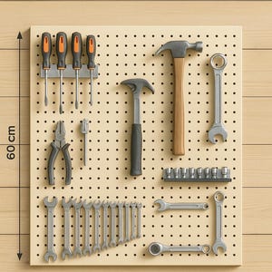 Può includere: Una pannello forato con vari strumenti, tra cui cacciaviti, martelli, chiavi inglesi e pinze. Il pannello è largo 80 cm e alto 60 cm. Gli strumenti sono organizzati per un facile accesso.