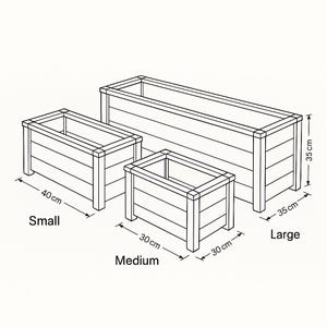May include: Line drawing of three rectangular wooden planters in different sizes: small (40 cm), medium (30 cm), and large (35 cm). The planters have a slatted design and are labeled with their respective sizes.