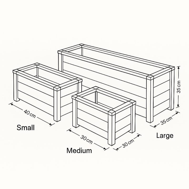 May include: Line drawing of three rectangular wooden planters in different sizes: small (40 cm), medium (30 cm), and large (35 cm). The planters have a slatted design and are labeled with their respective sizes.