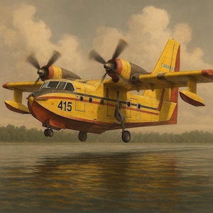 May include: A yellow and red seaplane with the number 415 on the side is taking off from the water. The plane has two propellers and the word CANADAIR is printed on the tail. The sky is cloudy.