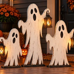 May include: Three white wooden ghost cutouts with distressed paint finishes, black oval eyes and mouths, each holding a small black lantern with a glowing light. The ghosts stand on rectangular black bases on a wooden porch floor.