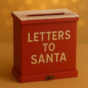 May include: A red wooden box with the words "LETTERS TO SANTA" in gold lettering. The box has a slot on top and a dusting of white snow. A small metal clasp is on the front. Festive holiday decor.