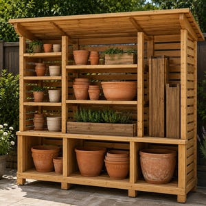 May include: A wooden potting bench with a sloped roof and multiple shelves holding various terracotta and ceramic plant pots. The structure features horizontal slats on the back and sides, providing storage for gardening containers and planters.