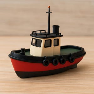 Könnte beinhalten: Ein Spielzeugschlepper mit rotem Rumpf, schwarzem Zierrat und einer cremefarbenen Kabine. Das Boot hat einen schwarzen Schornstein, einen Mast mit einer kleinen orangefarbenen Kugel und schwarze Reifen an den Seiten. Das Boot steht auf einer Holzoberfläche.