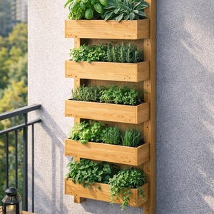 May include: A wooden vertical planter with six rectangular boxes filled with various green herbs. The planter is mounted on a light gray textured wall. The herbs include basil, rosemary, and other leafy greens. The planter is on a balcony.
