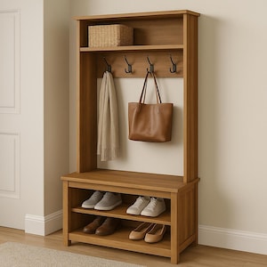 Może przedstawiać: Drewniany organizer do przedpokoju z półką na buty, wieszakami na płaszcze i półką. Brązowa skórzana torba typu tote i beżowy szalik wiszą na haczykach. Pleciony kosz stoi na górnej półce. Różne pary butów znajdują się na półce na buty.