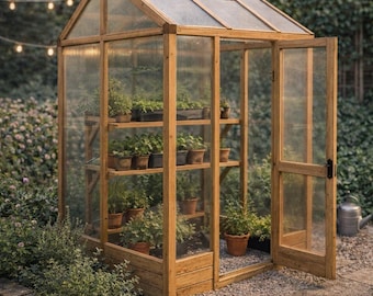 May include: A wooden greenhouse with a pitched roof and clear panels. The structure has an open door and shelves filled with potted plants. The greenhouse is set on a stone path, surrounded by greenery, and has a small vent on the roof.