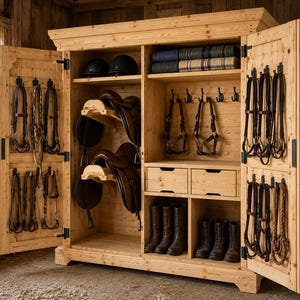 Può includere: Un grande armadio in legno per attrezzatura equestre con doppie ante aperte. L'interno presenta supporti per due selle in cuoio marrone, ripiani con coperte piegate, ganci per briglie e redini, due cassetti e scomparti per stivali.
