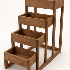 May include: A wooden plant stand with four rectangular boxes of varying sizes, arranged in a stepped configuration. The stand is made of dark brown wood and has a simple, modern design. The stand is ideal for displaying plants.
