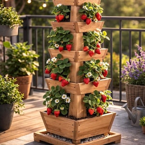 Puede incluir: Una jardinera de fresas de madera de varios niveles, llena de plantas de fresas con frutos rojos maduros y flores blancas. La jardinera está al aire libre en una terraza, con otras plantas en macetas y una barandilla de metal en el fondo.