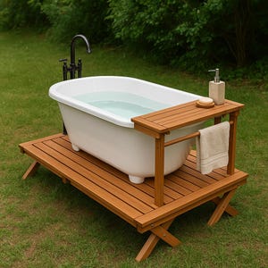May include: An outdoor freestanding bathtub with a wooden deck and towel rack. The white tub is filled with water and has a black faucet. A wooden shelf holds a soap dish and a soap dispenser. The setup is on a grassy lawn.