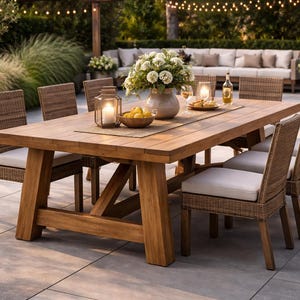 Op de afbeelding: Een houten eettafel voor buiten met acht rieten stoelen. De tafel is gedekt met een bloemstuk, kaarsen en een fles wijn. De stoelen hebben witte kussens. De scène speelt zich buiten af met lichtslingers.